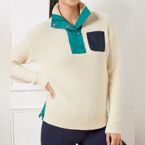 T By Talbots Women's Ivory Coolmax Snap Half Zip Sweater W/ Accent Colors Sz XS